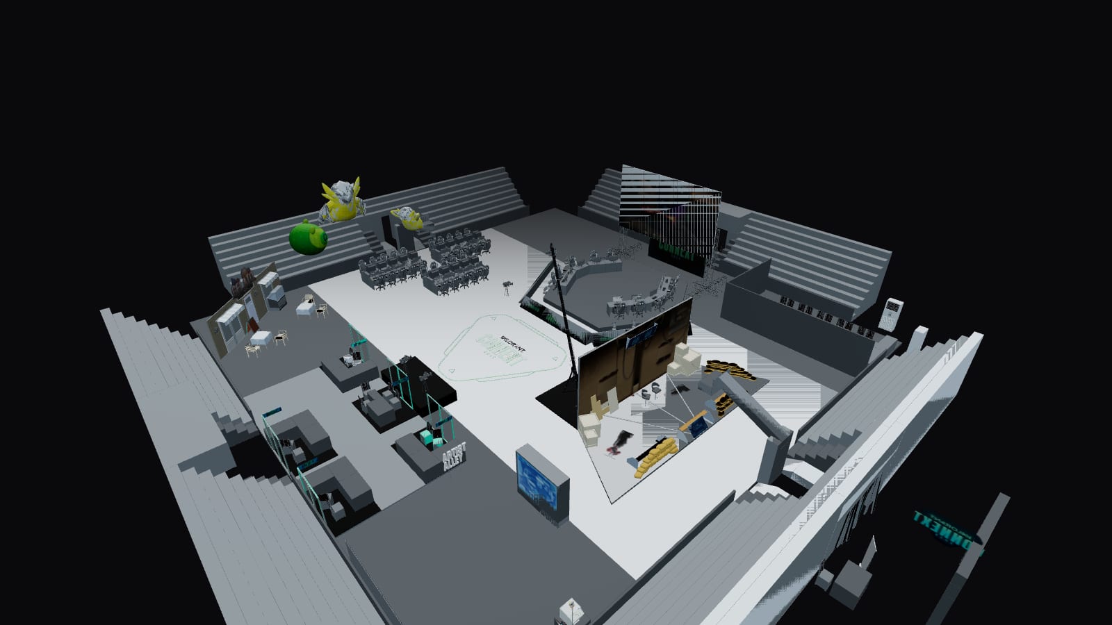 The VALORANT Connext venue seen from above: a rectangular hall with a main stage and LED wall at one end, rows of player stations, an artist alley of stalls and a food court.